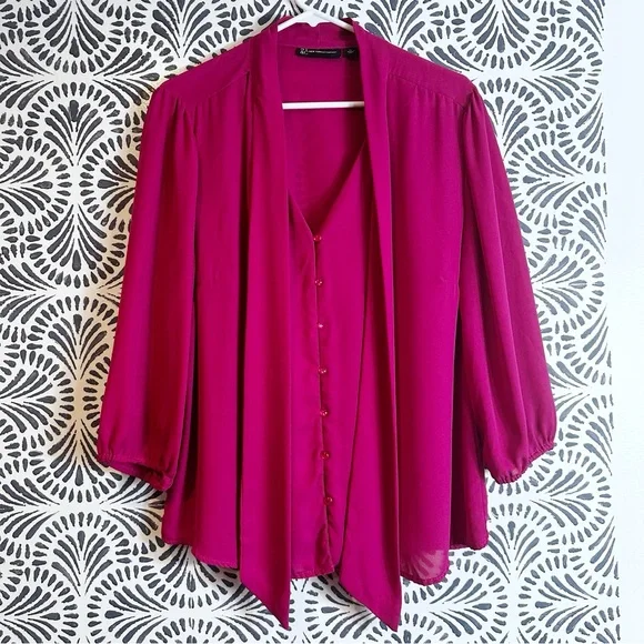 New York & Company Plum Semi Sheer Tie Neck Bow Blouse READ - Picture 2 of 14